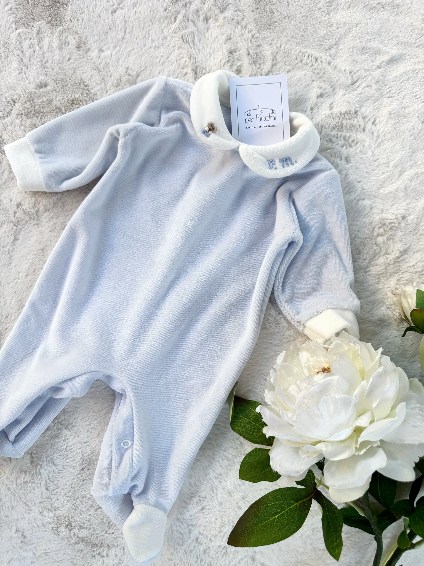 Tutina neonato in ciniglia celeste baby personalizzabile con ricamo