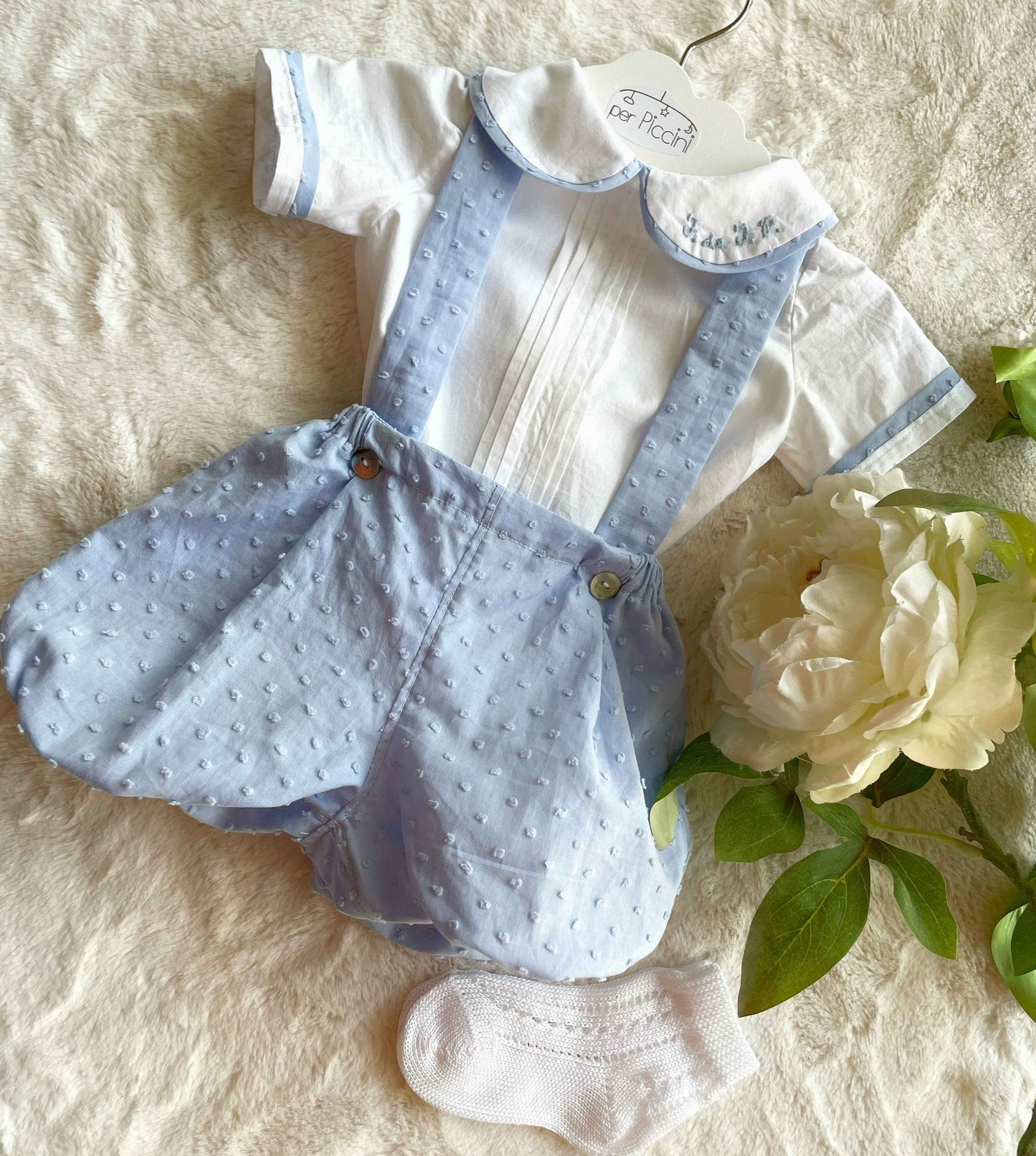 Completino Cerimonia Vittorio in plumetis | Camicia con Pantaculotte e Bretelle