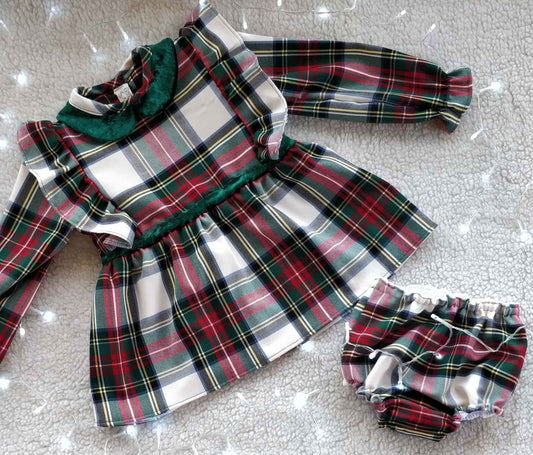 Vestitino tartan con ruches velluto bambina